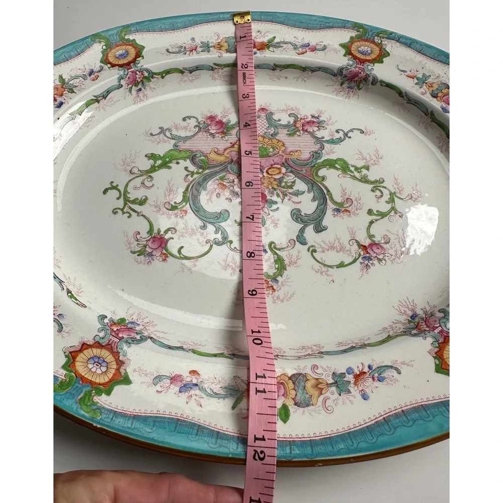 Antique Cauldon England Oval Platter Floral Turquoise Blue Gold Trim 15 Inch